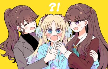  !? 3girls :d ^_^ aqua_neckerchief black_shirt blonde_hair blue_eyes blue_hair blush brown_dress brown_hair clone_harem closed_eyes clothes_writing commentary_request dress dual_persona fang fujishima_megumi fujishima_megumi_(post-graduation) girl_sandwich grabbing_another's_hand gradient_hair grey_jacket hasu_no_sora_school_uniform heart highres jacket jewelry link!_like!_love_live! long_sleeves looking_at_another love_live! multicolored_hair multiple_girls neckerchief open_clothes open_mouth osawa_rurino osawa_rurino_(winter_loungewear) purple_eyes ring sailor_collar sailor_dress sandwiched school_uniform sexy_or_cute? shirt simple_background skin_fang smile straight-on time_paradox turtleneck turtleneck_shirt upper_body v-shaped_eyebrows virtual_youtuber watage_modoki wedding_ring white_sailor_collar winter_uniform yellow_background yuri 