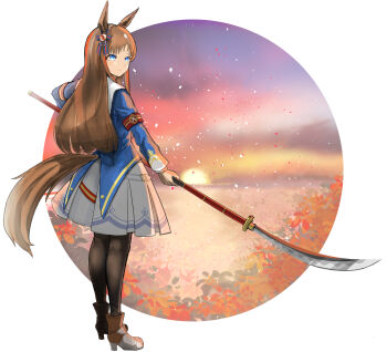  1girl animal_ears armband asymmetrical_footwear black_pantyhose blue_eyes blue_jacket blush bow brown_hair closed_mouth commentary_request dress ear_bow ear_ribbon flower full_body grass_wonder_(stone-piercing_blue)_(umamusume) grass_wonder_(umamusume) highres holding holding_polearm holding_weapon horse_ears horse_girl horse_tail jacket kyuusanshiki long_hair long_sleeves mismatched_footwear multicolored_hair naginata pantyhose polearm red_armband sailor_collar sky solo sun tail umamusume weapon white_dress white_hair 