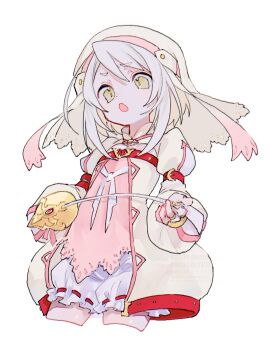  1girl absurdres alice_(tales) arm_belt bloomers cropped_legs dress hair_between_eyes highres holding holding_sword holding_weapon juliet_sleeves long_sleeves nancykittyu open_mouth puffy_sleeves rapier short_hair simple_background solo sword tales_of_(series) tales_of_symphonia tales_of_symphonia:_dawn_of_the_new_world underwear veil weapon white_background white_hair yellow_eyes 