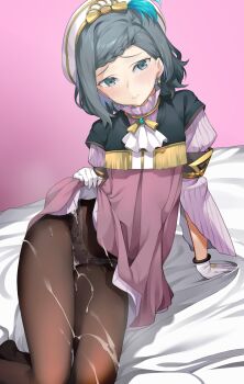 1girl absurdres ascot beret black_dress blush braid braided_bangs breasts brooch brown_pantyhose clothes_lift commentary cum cum_on_body dress gloves grey_eyes grey_hair hat highres jewelry krysha_pendleton looking_at_viewer panties panties_under_pantyhose pantyhose pink_dress sharekoube short_hair sitting small_breasts solo thighs two-tone_dress underwear untranslatable_commentary white_gloves white_hat white_panties ys ys_ix:_monstrum_nox