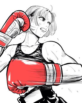  1girl boxing boxing_gloves boxing_shorts commentary_request flying_sweatdrops gloves highres lee_(dragon_garou) looking_to_the_side midriff monochrome motion_lines mouth_guard original red_gloves serious short_hair shorts solo sports_bra spot_color sweat toned toned_female upper_body very_sweaty 