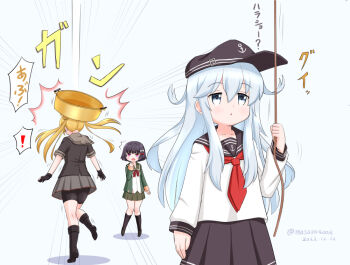 3girls abukuma_(kancolle) abukuma_kai_ni_(kancolle) anchor_symbol bike_shorts black_footwear black_gloves black_hair black_jacket black_sailor_collar black_skirt blonde_hair blue_eyes double_bun drawstring falling_washpan falling_washpan flat_cap gloves green_jacket green_sailor_collar green_skirt grey_sailor_collar grey_skirt hair_bun hair_ribbon hair_rings hat hibiki_(kancolle) ishigaki_(kancolle) jacket kantai_collection long_hair long_sleeves masara_(chuujou) multiple_girls neckerchief partially_fingerless_gloves pleated_skirt pom_pom_(clothes) pulling purple_eyes red_neckerchief red_ribbon ribbon rope sailor_collar school_uniform serafuku short_hair short_sleeves shorts shorts_under_skirt simple_background skirt white_background white_hair white_ribbon