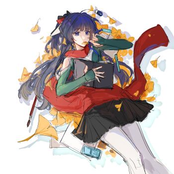  1girl alternate_costume blue_eyes blue_hair book chinese_commentary clothing_cutout commentary_request high_ponytail highres holding holding_book honkai_(series) honkai_impact_3rd leaf leaf_in_mouth long_sleeves looking_at_viewer looking_up lying on_ground on_side open_book outdoors pantyhose paper ponytail raiden_mei red_scarf scarf shoulder_cutout skirt solo upper_body wangqi429 white_background white_pantyhose 