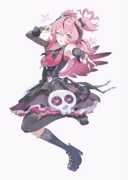  1girl aria_(discordant_note)_(zenless_zone_zero) aria_(zenless_zone_zero) bare_shoulders black_bridal_gauntlets black_hair black_shoes black_streaks black_thighhighs blue_eyes bridal_gauntlets commentary_request crossed_bangs double_v from_side grey_background hair_between_eyes highres looking_at_viewer multicolored_hair official_alternate_costume one_eye_closed pink_hair quad_tails red_wings shoes simple_background skull_ornament solo sparkle star-shaped_pupils star_(symbol) streaked_hair symbol-shaped_pupils thighhighs tongue tongue_out v wings x0195195796238 zenless_zone_zero 