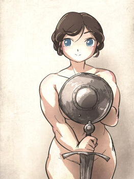  1girl blue_eyes blush breasts brown_hair closed_mouth collarbone commentary completely_nude cowboy_shot english_commentary highres holding holding_shield holding_sword holding_weapon ironlily muscular muscular_female no_pupils nude ordo_mediare_sisters_(ironlily) shield short_hair simple_background smile solo sword weapon weapons_instructor_(ironlily) 