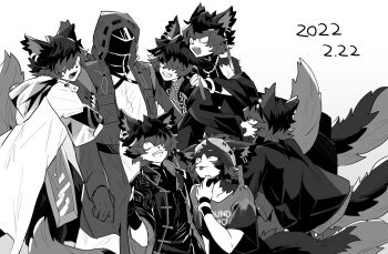  1other 6+boys aak_(arknights) ambiguous_gender animal_ears arknights arm_hug clone coat commentary_request dated doctor_(arknights) fang furry furry_male gloves greyscale hair_over_one_eye hood hood_up hooded_jacket infection_monitor_(arknights) iwashi_80 jacket looking_at_another male_focus monochrome multiple_boys multiple_persona open_clothes open_mouth piercing shirt short_hair simple_background smile tail tongue tongue_out white_background 
