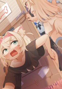  3girls absurdres animal_ear_fluff animal_ears black_hair black_shirt blonde_hair blue_eyes blush commentary dildo dog_ears dog_girl dog_tail door dress english_commentary fake_horns fuwawa_abyssgard fuwawa_abyssgard_(1st_costume) hairband highres hitachi_magic_wand holding holding_sex_toy hololive hololive_english horn_hairband implied_incest long_hair medium_hair mococo_abyssgard multiple_girls nanachides nerissa_ravencroft nerissa_ravencroft_(1st_costume) open_mouth pink_eyes pink_hairband sex_toy shirt siblings sisters stuck sweat tail twins vibrator virtual_youtuber white_dress white_shirt yuri  rating:Sensitive score:110 user:danbooru