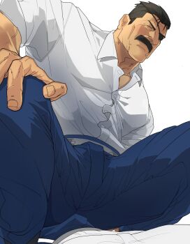  2boys bara black_hair blue_pants bulge closed_eyes closed_mouth collared_shirt eyepatch facial_hair from_below fullmetal_alchemist hand_on_own_knee highres king_bradley male_focus mature_male multiple_boys muscular muscular_male mustache nose pants pectorals pov pov_crotch shirt short_hair shumeru_hito_(a_sumerian0112) simple_background sitting sitting_on_person sleeves_rolled_up squatting white_background white_shirt wrinkled_skin yaoi 