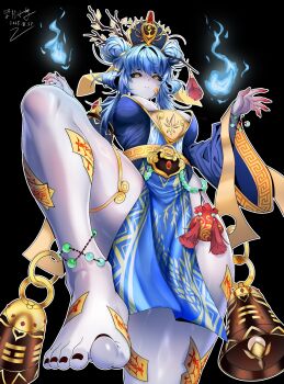  1girl barefoot black_sclera blue_fire blue_hair colored_sclera colored_skin feet fire grey_skin highres jiangshi long_hair looking_at_viewer original talisman toes xue_shen_xiao_chi yellow_eyes 