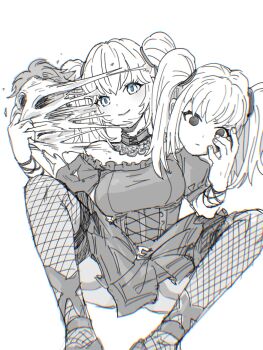  1girl ani_(xai) animegao breasts choker chromatic_aberration commentary corset cosplay disguise fishnet_thighhighs fishnets goth_fashion greyscale highres holding holding_mask kazkitashima kigurumi lace-trimmed_choker lace_trim large_breasts mask monochrome puffy_short_sleeves puffy_sleeves short_sleeves simple_background sitting solo thighhighs untranslatable_commentary white_background xai_(company) 