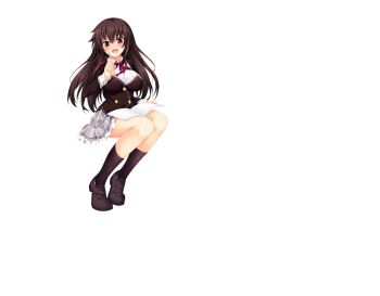  1girl black_hair blush breasts collared_shirt full_body grey_skirt highres kuroki_michi large_breasts long_hair long_sleeves looking_at_viewer miniskirt nora_to_oujo_to_noraneko_heart official_art oozora_itsuki open_mouth pleated_skirt red_eyes school_uniform shirt simple_background skirt smile solo tachi-e transparent_background white_shirt wing_collar 