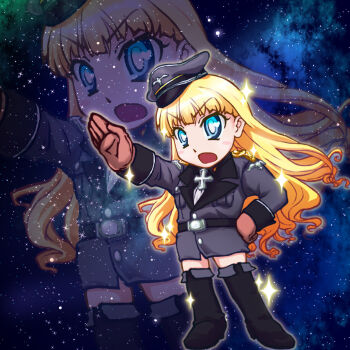  1girl alice_soft blonde_hair blue_eyes boots chibi cross dai_(series) daiteikoku female_focus gloves hat koami_(pixiv) military military_uniform nazi peaked_cap retia_adolf salute solo  rating:Sensitive score:5 user:jerooff