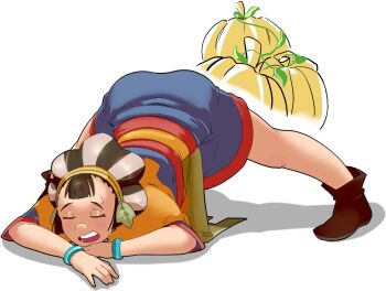  1girl ass black_hair blush boots bracelet closed_eyes drawfag dress full_body hairband jack-o'_challenge jewelry kina_(zelda) multicolored_hair nintendo open_mouth pumpkin solo sweat the_legend_of_zelda the_legend_of_zelda:_skyward_sword top-down_bottom-up two-tone_hair white_hair 