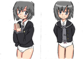  1girl amagami arms_behind_back black_hair black_jacket blush bow bow_panties crotch_seam grey_eyes grey_sweater_vest jacket long_sleeves looking_at_viewer looking_to_the_side multiple_views nanasaki_ai open_clothes open_jacket own_hands_together panties pink_bow school_uniform shirt short_hair sketch smile standing su_(pixiv_263717) sweater_vest underwear white_background white_panties white_shirt 