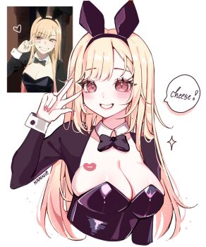  1girl animal_ear_hairband animal_ears anime_screenshot_inset black_leotard blonde_hair bow bowtie breasts cleavage commentary cropped_torso english_commentary fake_animal_ears hairband han_2792 highres kitagawa_marin large_breasts leotard lipstick_mark lipstick_mark_on_breast playboy_bunny rabbit_ear_hairband rabbit_ears red_eyes reference_inset screenshot_inset sono_bisque_doll_wa_koi_wo_suru v white_background wrist_cuffs 
