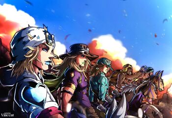  5boys absurdres aqua_hair argyle_clothes argyle_sweater arm_tattoo artist_name beanie beard black_hair blonde_hair blue_eyes blue_helmet blue_lips blue_sky blue_sweater braid brown_hair brown_hat cape chest_tattoo cloud commentary cowboy_hat dark-skinned_male dark_skin day diego_brando english_commentary facial_hair from_side goggles goggles_on_headwear green_cape green_eyes green_lips gyro_zeppeli hand_up hat heart_ornament helmet hey_ya_(horse) highres hood hood_down hoodie horse horseback_riding horseshoe_hat_ornament horseshoe_ornament johnny_joestar jojo_no_kimyou_na_bouken long_hair makeup male_focus medium_hair multicolored_hair multiple_boys mustache native_american noonvincent orange_hair orange_sleeves outdoors parted_lips pocoloco purple_mask purple_shirt purple_sleeves red_sleeves riding sandman_(sbr) shirt sky star_(symbol) star_print steel_ball_run sweater tattoo turtleneck turtleneck_sweater twin_braids two-tone_hair two-tone_sleeves valkyrie_(jojo) white_hat white_hoodie white_sleeves yellow_hat yellow_shirt 