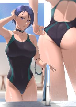 1girl adjusting_clothes adjusting_swimsuit alternate_costume arm_up ass ass_focus back_cutout backless_swimsuit bare_arms bare_legs black_choker black_one-piece_swimsuit blue_hair breasts choker cleavage clothing_cutout competition_swimsuit covered_navel fire_emblem fire_emblem:_three_houses furo_atsushi goggles goggles_around_arm green_nails highres large_breasts looking_at_viewer multiple_views nail_polish nintendo one-piece_swimsuit outdoors pool purple_eyes shamir_nevrand short_hair swimsuit thick_thighs thighs underbutt wet wet_clothes wet_one-piece_swimsuit wet_swimsuit rating:Sensitive score:24 user:danbooru