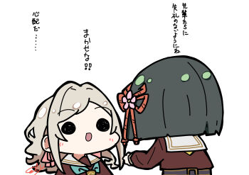  2girls :d absurdres aqua_neckerchief blunt_ends bob_cut brown_dress ceras_yanagida_lilienfeld chibi chibi_only commentary dress green_hair grey_hair hair_ribbon hasu_no_sora_school_uniform highres link!_like!_love_live! long_sleeves love_live! momose_ginko multiple_girls neckerchief oofushi_ao open_mouth pink_ribbon ribbon sailor_collar sailor_dress school_uniform short_hair sidelocks simple_background smile solid_circle_eyes translated virtual_youtuber white_background white_sailor_collar winter_uniform 