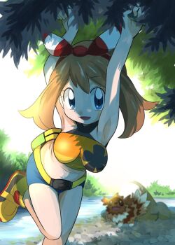  1girl alternate_costume armpits blue_eyes breasts brown_hair gen_3_pokemon hainchu haltertop may_(pokemon) nintendo pokemon pokemon_(creature) pokemon_oras ribbon zigzagoon  rating:Sensitive score:19 user:makutakraahkan
