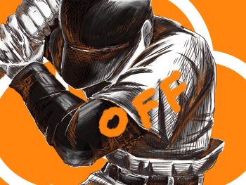  1boy add-on_(off) arms_up baseball_cap baseball_uniform belt commentary copyright_name cowboy_shot english_commentary hat highres holding layered_sleeves long_sleeves male_focus off_(game) orange_background pants short_over_long_sleeves short_sleeves solo sportswear the_batter_(off) udoekk 