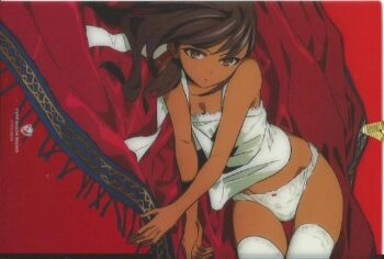  1girl breasts brown_eyes brown_hair camisole cleavage closed_mouth dark-skinned_female dark_skin dot_nose english_text fate/strange_fake fate_(series) female_focus flat_chest highres indoors kneehighs legs loli long_hair looking_at_viewer lying midriff morii_shizuki navel no_bra official_art on_side panties sexually_suggestive sleeveless socks solo solo_focus stomach tan thighhighs thighs tine_chelc underwear white_camisole white_panties white_thighhighs 