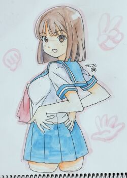  1girl artist_name ass breasts brown_eyes brown_hair hands_on_own_ass highres janken_game_acchi_muite_hoi! large_breasts legs looking_at_viewer looking_back school_uniform short_hair sideboob skirt smile solo thighs tomomi_(janken_game_acchi_muite_hoi!) traditional_media 