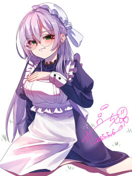  1girl alternate_costume alternate_hairstyle apron black_dress blush bun_cover closed_mouth commentary dated dress enmaided foot_out_of_frame frilled_apron frills frown glasses green_eyes grey_hair hair_between_eyes hair_bun half_updo hand_on_own_chest hand_up heaven_burns_red highres holmes_hvbn izumi_yuki juliet_sleeves long_hair long_sleeves looking_at_viewer maid maid_apron puffy_sleeves round_eyewear signature simple_background single_hair_bun sitting solo sun tsurime very_long_hair white_apron white_background 