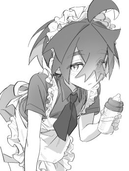  1boy ahoge alternate_costume apron baby_bottle bent_over bottle commentary_request crossdressing crossdressing_(mtf) crossed_bangs enmaided frilled_headwear greyscale highres kieran_(pokemon) korean_commentary looking_at_viewer maid maid_apron maid_headdress male_focus male_maid monochrome necktie nintendo pokemon pokemon_sv saesoon_dobby solo striped_blush thick_eyebrows 