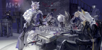  4boys absurdres aiguillette animal_ears arknights armchair armor armor_stand beard_stubble black_boots black_cape black_coat black_gloves black_hair black_pants black_shirt blonde_hair blue_shirt boots bow bowtie cape cat_boy cat_ears chair chinese_commentary closed_mouth coat collared_shirt commentary_request curtained_hair elbow_rest expressionless extra_ears facial_hair feet_out_of_frame flamenlynn fox_boy fox_ears frilled_shirt_collar frills full_armor fur-trimmed_coat fur_scarf fur_trim gauntlets gloves goatee grey_coat grey_eyes grey_pants hair_between_eyes half_gloves harold_(arknights) head_wings hellagur_(arknights) highres holding holding_newspaper holding_sword holding_weapon horse_boy horse_ears indoors lapels leaning_on_table long_hair long_sleeves looking_at_another male_focus map_(object) mature_male medal mlynar_(arknights) model_airplane model_building mole mole_under_eye multiple_boys mustache necktie newspaper notched_lapels nowell_(arknights) old old_man open_hand own_hands_together pants parted_bangs parted_lips popped_collar profile purple_bow purple_bowtie reading serious sheath sheathed shirt short_hair sitting sleeve_cuffs smile stairs standing stubble sword table war_strategy_table weapon white_hair white_necktie white_shirt wings wrinkled_skin yellow_eyes 