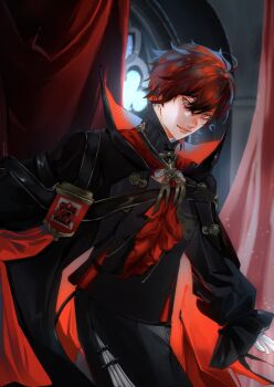  093_kaylee 1boy ascot bishounen black_cape black_coat cape closed_mouth coat cowboy_shot hashtag-only_commentary highres holostars holostars_english id_card indoors long_sleeves looking_at_viewer machina_x_flayon male_focus official_alternate_costume puffy_long_sleeves puffy_sleeves red_ascot red_eyes red_hair short_hair solo virtual_youtuber 