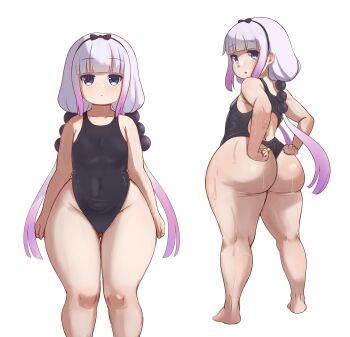  1girl absurdres ass bare_shoulders blue_eyes breasts collarbone covered_navel cowboy_shot female_focus from_behind full_body gradient_hair hair_ornament highres huge_ass kanna_kamui kobayashi-san_chi_no_maidragon kyojiri_loli loli long_hair looking_at_viewer looking_back low_twintails multicolored_hair purple_hair simple_background small_breasts solo sphere_hair_ornament standing thick_thighs thighs triagorodri twintails two-tone_hair wet white_background wide_hips  rating:Questionable score:825 user:DarkToonLink