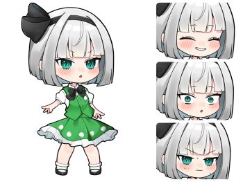  1girl black_bow black_bowtie black_hairband black_shoes blue_eyes blush bow bowtie chibi chibi_only closed_eyes closed_mouth commentary_request frilled_skirt frills full_body green_skirt green_vest grey_hair grin hairband highres hitodama_print konpaku_youmu looking_at_viewer mary_janes mokou_cooking multiple_expressions multiple_views open_mouth pleated_skirt pointing pointing_at_viewer psd_available puffy_short_sleeves puffy_sleeves shoes short_sleeves signature simple_background skirt skirt_set smile socks sweat touhou vest wavy_mouth white_background white_socks 