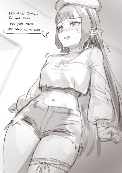  1girl absurdres alternate_costume beret blush dress english_text greyscale hat highres hololive hololive_english holomyth long_hair monochrome motion_lines ninomae_ina'nis official_alternate_costume shorts speech_bubble strapless strapless_dress sweat tagme tanukidraws tentacle_hair thigh_strap thighs trembling tube_dress virtual_youtuber 