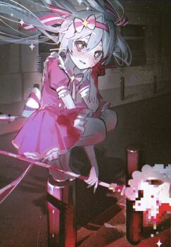  1girl aqua_hair blood blood_on_hands bloody_weapon blush bow bow_hairband bowtie brooch buttons censored commentary_request double-breasted dress floating_hair frilled_gloves frilled_sleeves frills gloves hair_between_eyes hair_intakes hair_ribbon hairband hatsune_miku highres ima_sugu_rinne_(vocaloid) jewelry long_hair looking_at_viewer m888992l7 mage_staff magical_girl mosaic_censoring multiple_hair_ribbons on_top_of_pole painterly petticoat pink_bow pink_bowtie pink_dress pink_eyes pink_hairband pink_ribbon puffy_short_sleeves puffy_sleeves ribbon road short_sleeves smile solo sparkle squatting staff star-shaped_pupils star_(symbol) star_brooch street symbol-shaped_pupils tiptoes twintails v very_long_hair vocaloid weapon white_gloves yandere yellow_pupils 