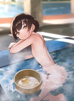 1girl basin blunt_bangs blurry braid brown_eyes brown_hair commentary depth_of_field double_bun flat_chest hair_bun highres kabayaki_namazu kantai_collection long_hair looking_at_viewer nude onsen rubber_duck smile solo twin_braids water yawata_maru_(kancolle) rating:Questionable score:76 user:danbooru
