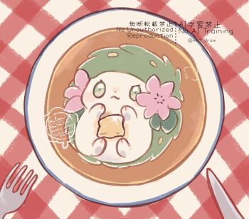  commentary commentary_request cup english_commentary flower food fork gen_4_pokemon green_eyes hedgehog highres kitchen_knife knife legendary_pokemon mkt_(buizu-miki) mythical_pokemon nintendo no_humans pokemon pokemon_(creature) shaymin shaymin_(land) smile solo soup table twitter_username 