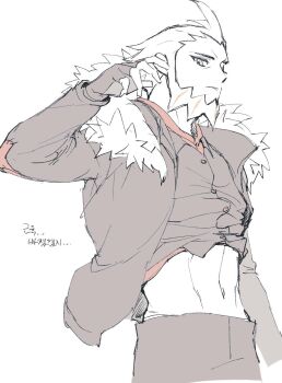  1boy beard black_pants facial_hair fingerless_gloves fldjfflrnt fur-trimmed_jacket fur_trim gloves grey_eyes highres jacket l_(pokemon) looking_at_viewer male_focus muscular navel nintendo pants partially_colored pokemon pokemon_legends:_z-a white_background 