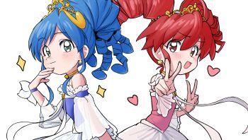  2girls :d absurdres aqua_eyes bare_shoulders blue_dress blue_hair blush brooch choker closed_mouth commentary curly_hair detached_sleeves diamond-shaped_earrings double_v dress dress_ribbon drill_hair earrings english_commentary fine_(futagohime) fine_(universal_princess)_(futagohime) fingernails flower frilled_dress frilled_sleeves frills fushigiboshi_no_futago_hime fushigiboshi_no_futago_hime_gyu gold_choker gold_earrings gold_tiara hair_between_eyes hair_ornament hand_on_own_chin hands_up heart highres hime_lolita jewelry layered_dress lolita_fashion long_hair looking_at_viewer magical_girl multiple_girls open_mouth parted_bangs pink_dress pink_flower red_eyes red_hair rein_(futagohime) rein_(universal_princess)_(futagohime) ribbon ringlets see-through_clothes see-through_sleeves siblings side-by-side simple_background sisters smile sparkle split_mouth star_(symbol) star_earrings star_hair_ornament strapless strapless_dress tiara twin_drills twins v white_background white_flower white_ribbon wide_sleeves wrist_flower yeopeu_(yeopeu_) 