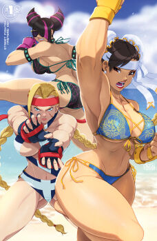  3girls adapted_costume ahoge arm_up armpits ass beach bikini black_bikini black_hair blonde_hair blue_bikini blue_eyes blue_sky bracelet braid breasts brown_eyes brown_hair bun_cover cammy_white capcom chun-li cleavage cloud commentary cone_hair_bun day double_bun drill_hair earrings english_commentary facial_scar fighting_stance fingerless_gloves fingernails front-tie_bikini_top front-tie_top gloves gluteal_fold grin hair_bun hair_horns halterneck han_juri headband highres huge_ahoge jewelry large_breasts lips long_hair looking_at_viewer multicolored_hair multiple_girls muscular muscular_female navel ocean open_mouth outdoors pink_hair red_gloves red_headband sand scar scar_on_cheek scar_on_face short_hair side-tie_bikini_bottom sideboob sky smile spiked_bracelet spikes standing standing_on_one_leg streaked_hair street_fighter studded_bracelet sunglasses sweat swimsuit teeth thick_thighs thighs tovio_rogers twin_braids twin_drills udon_entertainment underboob water  rating:Sensitive score:4 user:danbooru