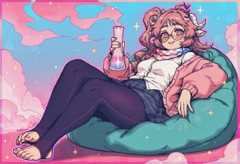  1girl ahoge animal_ears bean_bag_chair blue_background blush buttons caffichai character_request commentary copyright_request english_commentary freckles full_body glasses grey_skirt highres horns jacket long_sleeves looking_at_viewer outline pantyhose parted_lips pink_eyes pink_hair pink_jacket pink_nails pink_outline pleated_skirt reclining skirt solo sparkle stirrup_legwear thick_thighs thighs toeless_legwear white_horns 