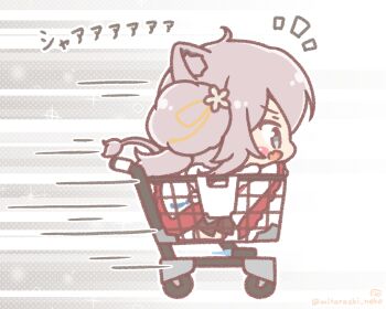  1girl :d animal_ear_fluff animal_ears blush_stickers chibi commentary_request fang from_side grey_eyes grey_hair hololive japanese_clothes kimono lion_ears lion_girl lion_tail long_hair long_sleeves mitarashi_neko motion_lines notice_lines open_mouth profile shishiro_botan shishiro_botan_(new_year) shopping_cart smile solo speed_lines tail translation_request virtual_youtuber white_kimono wide_sleeves 