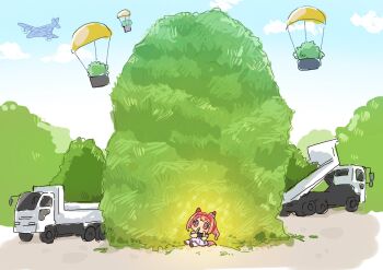  1girl aircraft airplane animal_ears chibi dump_truck eating hairband haru_urara_(umamusume) highres horse_ears horse_girl horse_tail mochiusasa motor_vehicle pink_eyes pink_hair ponytail ryegrass_for_haru_urara solo tail truck umamusume 