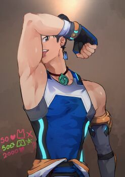  1boy absurdres arm_up armpits asymmetrical_gloves bare_shoulders belt biceps black_hair black_pants blue_belt blue_tank_top bodysuit brown_eyes clothes_around_waist commentary covered_abs covered_pectorals earrings elbow_gloves fingerless_gloves gloves glowing hair_bun highres jade_(gemstone) jewelry licking_own_arm male_focus merman_momomo muscular muscular_male necklace overwatch pants pectorals pendant rectangular_earrings simple_background single_earring single_elbow_glove sleeveless sleeveless_bodysuit solo tank_top tight_clothes toned toned_male tongue tongue_out uneven_gloves untranslatable_commentary upper_body wuyang_(overwatch) 