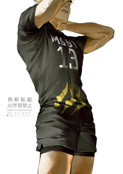  1boy absurdres arms_up black_shorts blonde_hair commentary_request era_pippi from_below haikyuu!! highres male_focus miya_atsumu msby_black_jackals_volleyball_uniform short_hair shorts simple_background solo sportswear standing toned toned_male volleyball_uniform watermark white_background 
