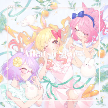  3girls absurdres aikatsu!_(series) aikatsu_stars! animal_ears bare_arms bare_shoulders blonde_hair blue_bow blue_hairband blue_nails blush_stickers bow bow_hairband carrot clenched_hand closed_eyes commentary copyright_name creature dot_nose dress drill_hair flower frilled_dress frills from_above gradient_hair green_dress green_ribbon hair_bow hair_flower hair_ornament hairband hand_on_own_cheek hand_on_own_face hands_up highres holding holding_creature knee_up light_blush light_smile long_hair looking_at_viewer lying multicolored_hair multiple_girls nanakura_koharu nijino_yume no_mouth no_nose on_back on_stomach orange_eyes orange_hair parted_lips pink-framed_eyewear pink_bow pink_dress pink_hair purple_hair rabbit_ears rabbit_girl ribbon sakuraba_rola sakurai_yuusuke semi-rimless_eyewear short_hair signature sleeping sleeveless sleeveless_dress straight_hair twintails two-tone_hair under-rim_eyewear wavy_hair wavy_sidelocks white_dress white_flower yellow_flower 