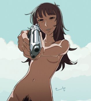  1girl absurdres aiming aiming_at_viewer black_eyes breasts brown_hair cloud female_pubic_hair freckles gun handgun highres hitsuji_(hitsujigoods) holding holding_gun holding_weapon kara_eklund long_hair no_nipples nude original pubic_hair raised_eyebrows signature small_breasts smile solo tooth_gap upper_body weapon 