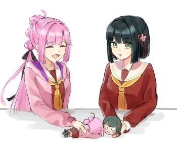  2girls ahoge amane61115 anyoji_hime black_hair black_ribbon blonde_hair blunt_bangs blunt_ends blunt_sidelocks bob_cut breasts brown_dress character_doll commentary doll dress flower flower_knot hair_flower hair_ornament hair_ribbon hasu_no_sora_school_uniform highres holding holding_doll hood hood_down hooded_jacket jacket link!_like!_love_live! long_sleeves love_live! medium_breasts momose_ginko multi-tied_hair multiple_girls neckerchief nesoberi open_clothes open_jacket pink_flower pink_hair pink_jacket ponytail ribbon sailor_collar sailor_dress school_uniform short_hair sidelocks simple_background virtual_youtuber white_background white_sailor_collar winter_uniform yellow_neckerchief 