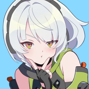  1girl :t anby_demara bare_shoulders black_gloves blue_background blush closed_mouth clothing_cutout commentary_request detached_sleeves fingerless_gloves glove_cutout gloves green_sleeves grey_hair hand_on_own_chin headphones highres looking_at_viewer no4_lave753 orange_eyes portrait short_hair simple_background solo v zenless_zone_zero 