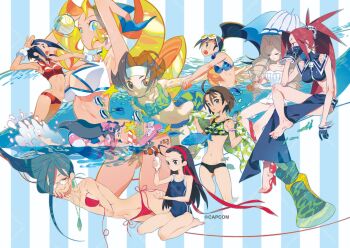  6+girls adapted_costume ahoge ayuhara_natsu bikini black_hair blonde_hair blue_bikini blue_hair breasts brown_hair butterflyfish camouflage camouflage_bikini cleavage_cutout clothing_cutout clownfish commentary_request copyright_notice drill_hair earrings fish glasses gloves headband hibiki_ran highres zaki_(justice_gakuen) iinchou_(justice_gakuen) inflatable_armbands innertube jewelry justice_gakuen karuizawa_momo kazama_akira kirishima_yurika long_hair mask minazuki_kyoko multiple_girls necklace official_art one-piece_swimsuit parasol parrotfish ponytail red_bikini red_hair red_sandals regal_blue_tang sandals second-party_source sidelocks sleeping star-shaped_pupils star_(symbol) surgeonfish swim_ring swimsuit symbol-shaped_pupils take_(takegarou) tiffany_lords towel tropical_fish twin_drills twintails umbrella volleyball wakaba_hinata watermark 
