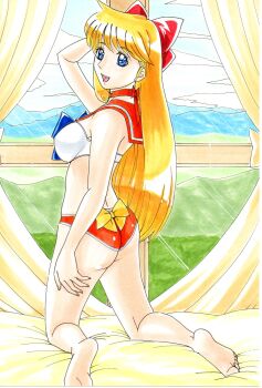  1girl absurdres aino_minako ass back_bow barefoot bed bikini bishoujo_senshi_sailor_moon blonde_hair blue_bow blue_bowtie blue_eyes bow bowtie breasts choker hair_bow hayami_jin highres long_hair marker_(medium) mountainous_horizon orange_bikini orange_choker red_bow sailor_collar sailor_moon_narikiri_bra_set sailor_venus solo swimsuit traditional_media white_bikini window yellow_bow 